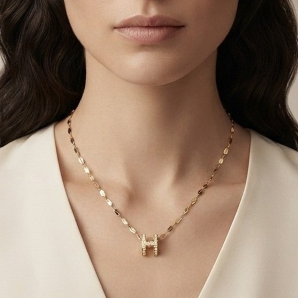 Dainty Gold Necklace Pave CZ "H" Pendant Minimalist Quiet Luxury Equestrian